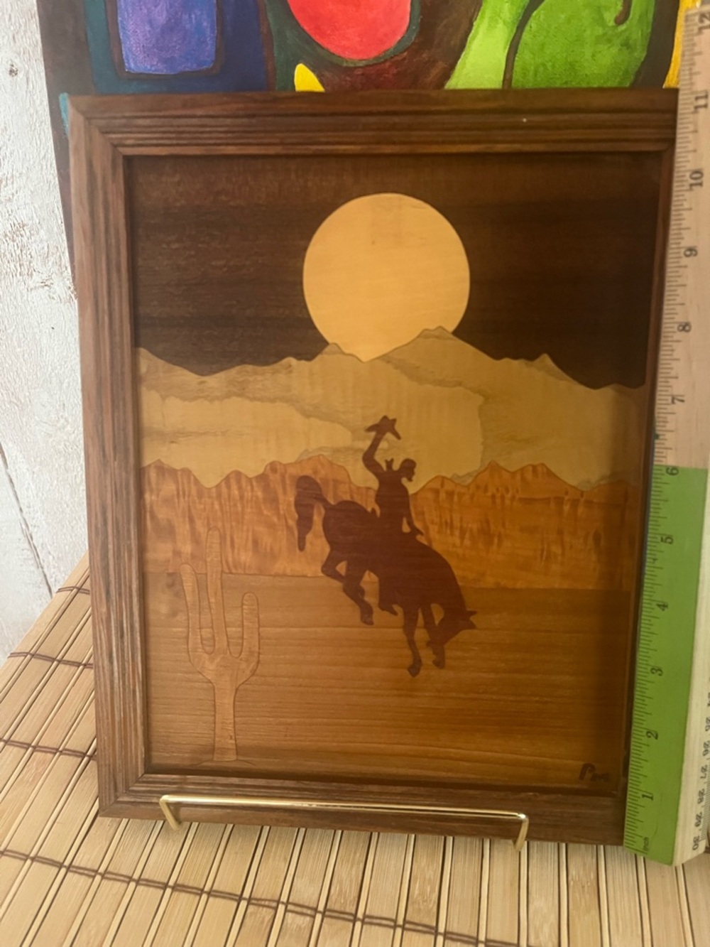 Vintage Wood Marquetry Western Bronco Cowboy Wall Art Frames Signed PM